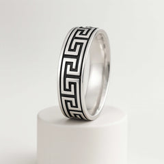 925 Sterling Silver Men’s Ring | Rhodium Plated Greek Key Design Band