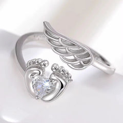Creative Lovely Mommy Angel Wings and Feet Heart Cubic Zircon 925 Sterling Silver Adjustable Open Rings for Women Jewelry