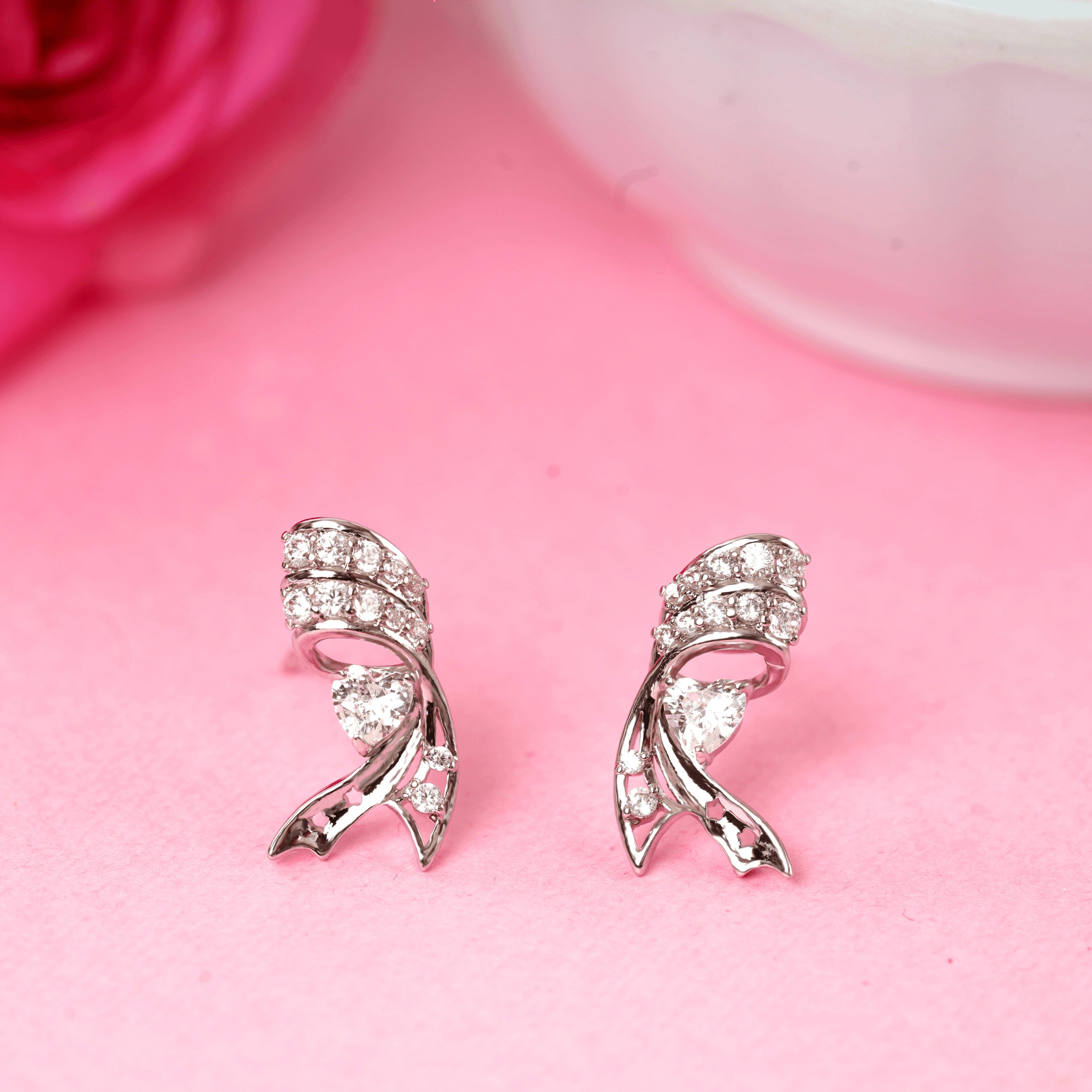 Traditional Design Bow Silver Plated with Diamonds Earrings - Rukhmani