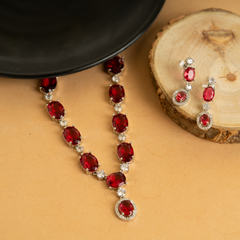 Ruby American Diamond Drop Necklace With Earrings