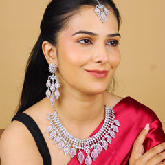 Pastel Pink American Diamond Necklace With Earrings And Bindi