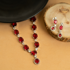 Ruby American Diamond Drop Necklace With Earrings