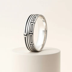 925 Sterling Silver Men’s Ring | Rhodium Plated Geometric Greek Key Band