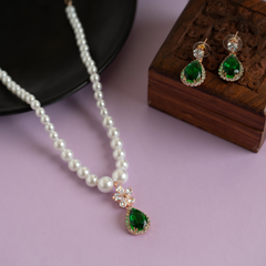 Green Pearl and Sapphire Wedding Back Necklace with Pearl and Crystal Earrings