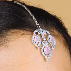 Pastel Pink American Diamond Necklace With Earrings And Bindi