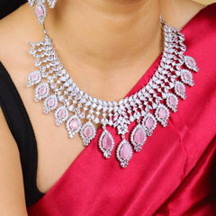 Pastel Pink American Diamond Necklace With Earrings And Bindi