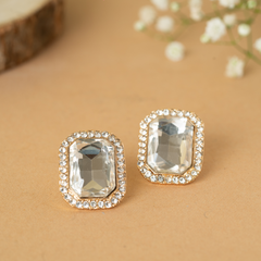 Gold Plated Clear Crystal Octagon-Like Diamond Earrings