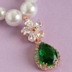 Green Pearl and Sapphire Wedding Back Necklace with Pearl and Crystal Earrings