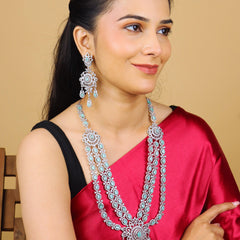 Layered American Diamond With Mint Color Stone With Earrings And Mangtika - Rukhmani