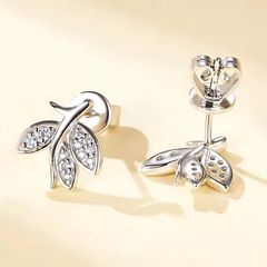 925 Sterling Silver Leaf Round Stone Earrings