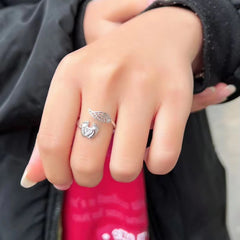 Creative Lovely Mommy Angel Wings and Feet Heart Cubic Zircon 925 Sterling Silver Adjustable Open Rings for Women Jewelry