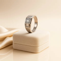 925 Sterling Silver Men’s Ring | Rhodium Plated Band with Cubic Zirconia Solitaire