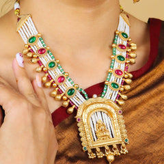 White Bids Gold Plated Necklace With Laxmimata Design