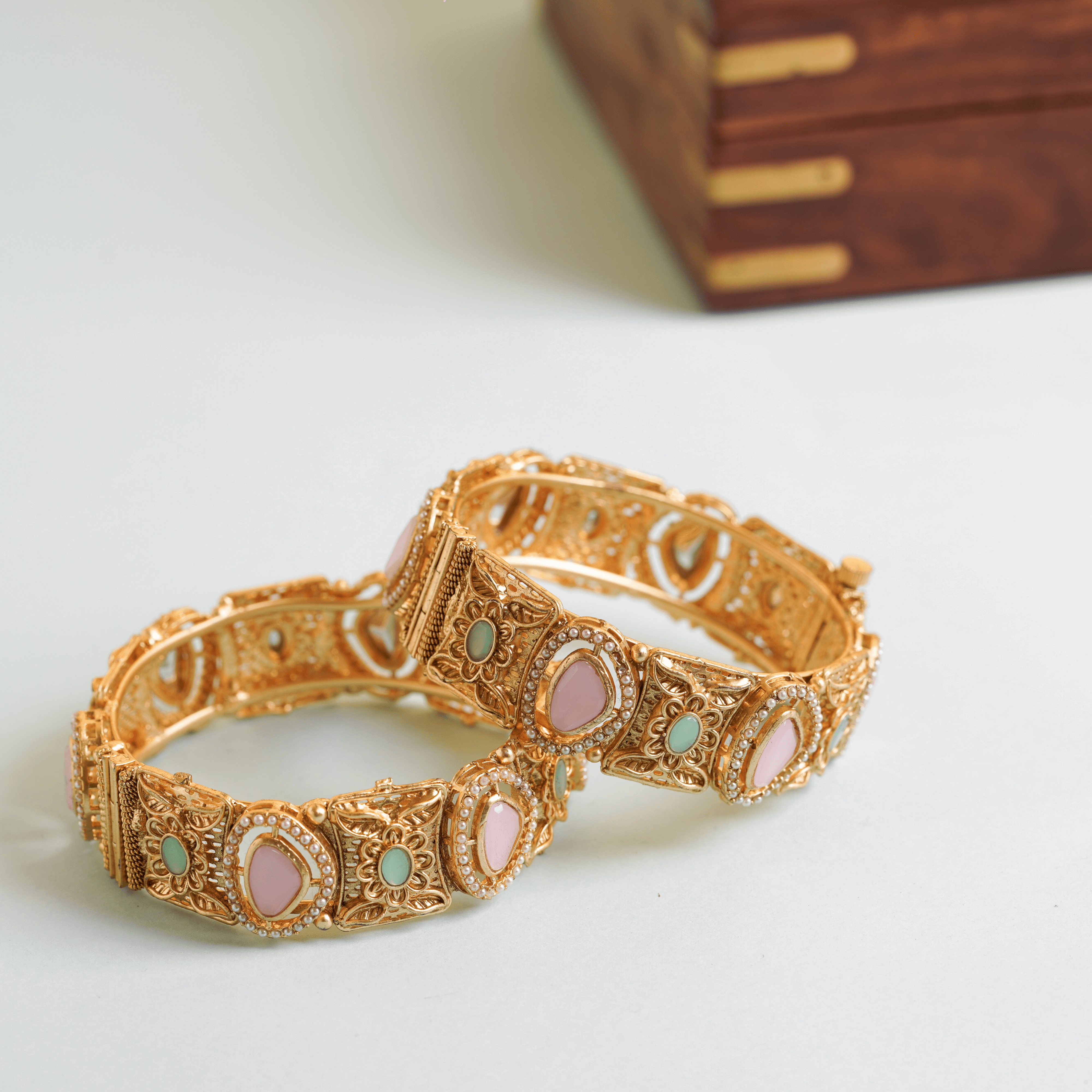 Fancy Gold Plated Temple Design Gulabi Diamond Rajwadi Bangles - Rukhmani