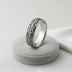 925 Sterling Silver Rhodium Plated Tribal Design Band Ring for Men