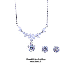 925 Sterling Silver Leaf Design Zircon Necklace & Earrings Set