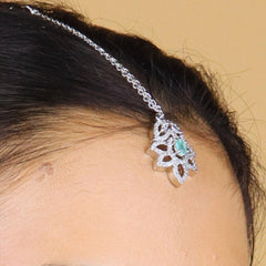 Layered American Diamond With Mint Color Stone With Earrings And Mangtika - Rukhmani
