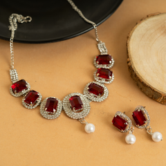 Maroon Temple Diamond American Necklace Set With Earrings