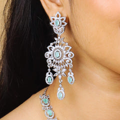 Layered American Diamond With Mint Color Stone With Earrings And Mangtika - Rukhmani