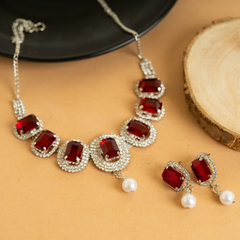 Maroon Temple Diamond American Necklace Set With Earrings