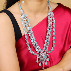 Layered American Diamond With Mint Color Stone With Earrings And Mangtika - Rukhmani