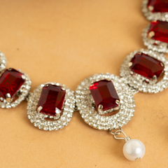 Maroon Temple Diamond American Necklace Set With Earrings