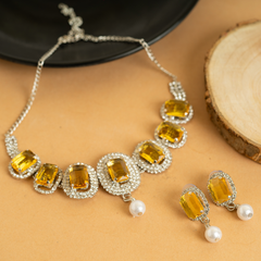 Silver Plated Yellow Diamond Necklace Set With Earrings