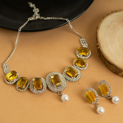 Silver Plated Yellow Diamond Necklace Set With Earrings