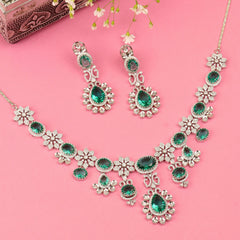 Zambian Emeraled Diamond Necklace Set with Earrings - Rukhmani