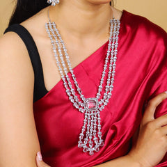 Dazzle Drape American Diamond Layered Necklace With Earrings and Bindi