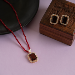 Maroon Diamond Pendant and Necklace Set with Earrings