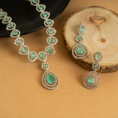 Light Green American Diamond Tear Drop Necklace Set With Earrings