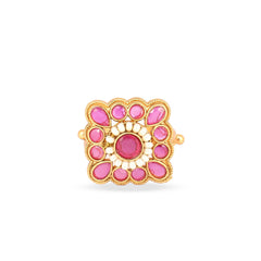 Beautiful Design Gold Plated Square Pink Stone Rajwadi Ring - Rukhmani