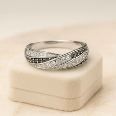 925 Sterling Silver Criss-Cross Band Ring with Black & White CZ