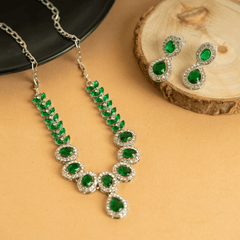 Fancy Silver Plated Green American Diamond Necklace Set With Earrings - Rukhmani