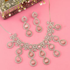 Pastel Pink American Drop Diamond Necklace Set - Rukhmani
