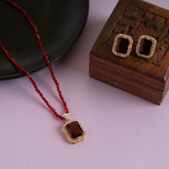 Maroon Diamond Pendant and Necklace Set with Earrings