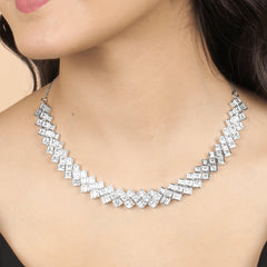 Silver Plated Modern Flow Diamond Necklace with Earrings