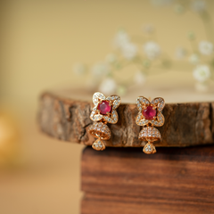 Gold Finish Zirconia and Dark Pink Stone Jhumki Earrings