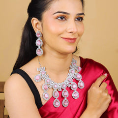 Pastel Pink American Drop Diamond Necklace Set - Rukhmani