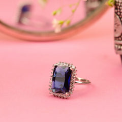 Blue Sapphire Statement Diamond Adjustable Ring - Rukhmani