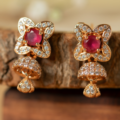 Gold Finish Zirconia and Dark Pink Stone Jhumki Earrings