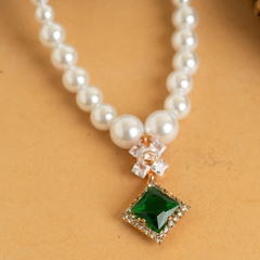 Green Diamond Pendant White Pearl Mala With Earrings