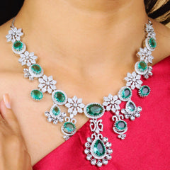 Zambian Emeraled Diamond Necklace Set with Earrings - Rukhmani