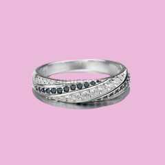 925 Sterling Silver Criss-Cross Band Ring with Black & White CZ