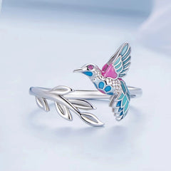 925 Sterling Silver Kingfisher Opening Ring Colorful Enamel Bird Adjustable Ring for Women Party Fine Jewelry Gift