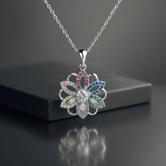 Multicolor Floral Pendant in 925 Sterling Silver with CZ Stones