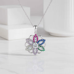 Multicolor Floral Pendant in 925 Sterling Silver with CZ Stones
