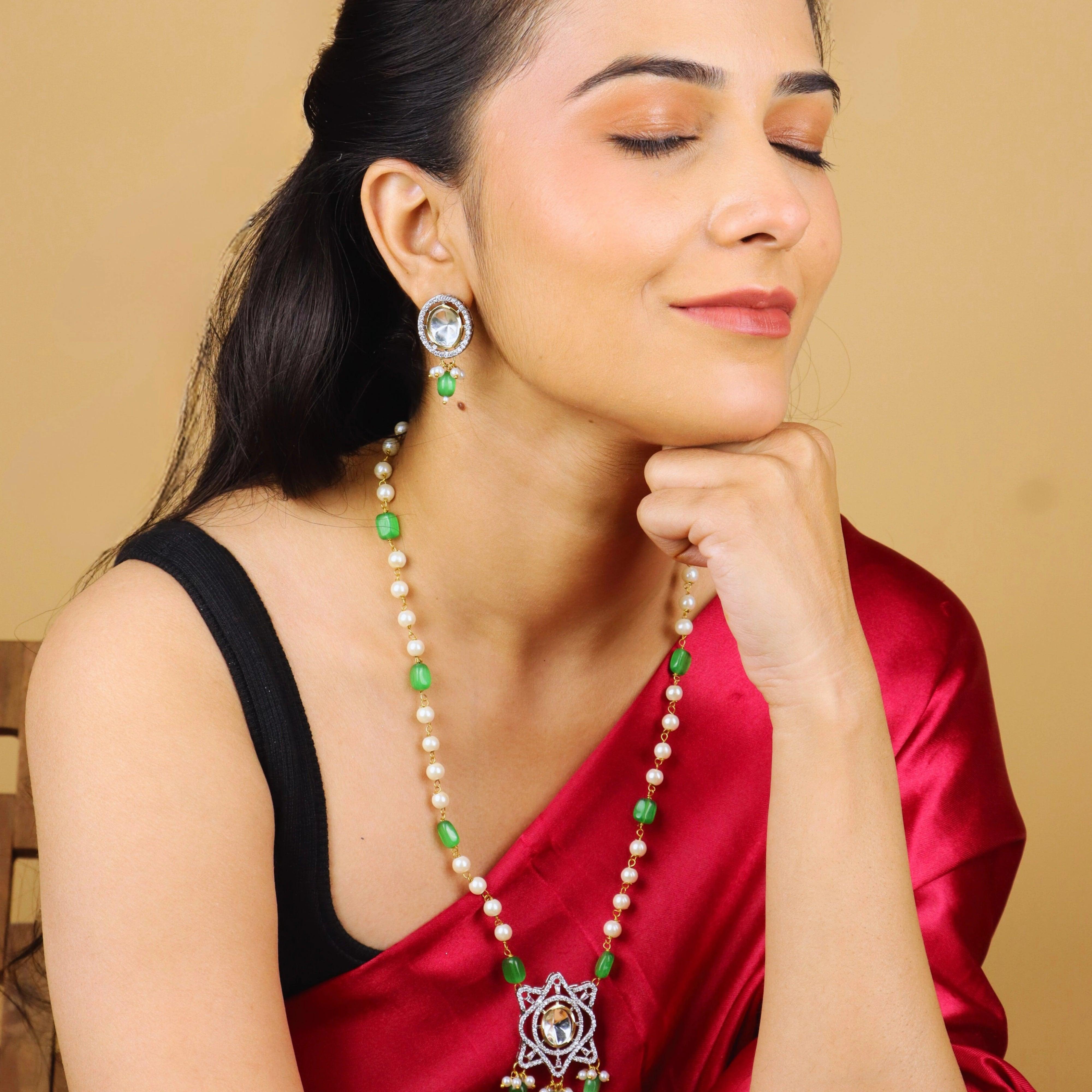 Jaipuri Kundan Long Necklace With Bids and Pearl With Earrings - Rukhmani