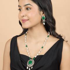 Green Stone Treasure Long Necklace with Earrings - Rukhmani